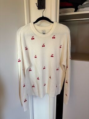 a new day Cream Crewneck Sweater with Red Cherry Embroidery